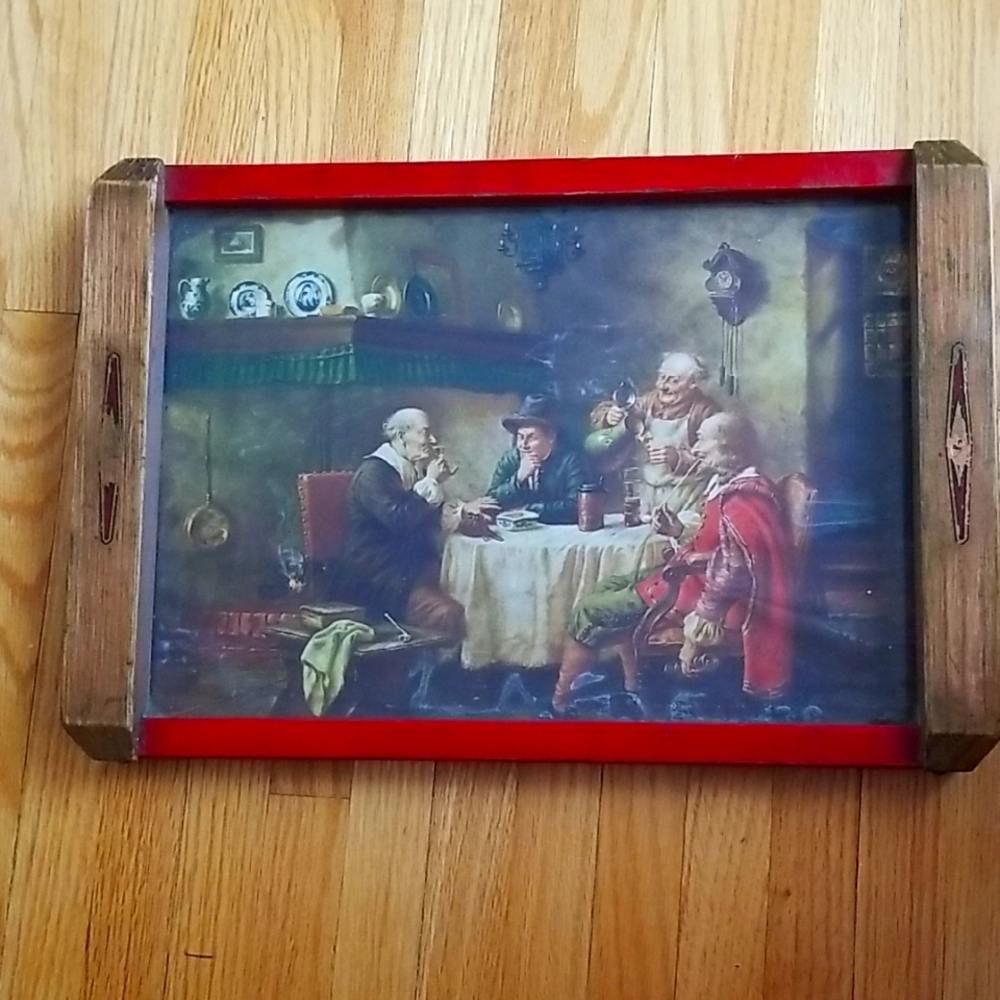 Vintage Wooden Serving Tray with picture beneath glass.  "Trucolor Picture Tray"